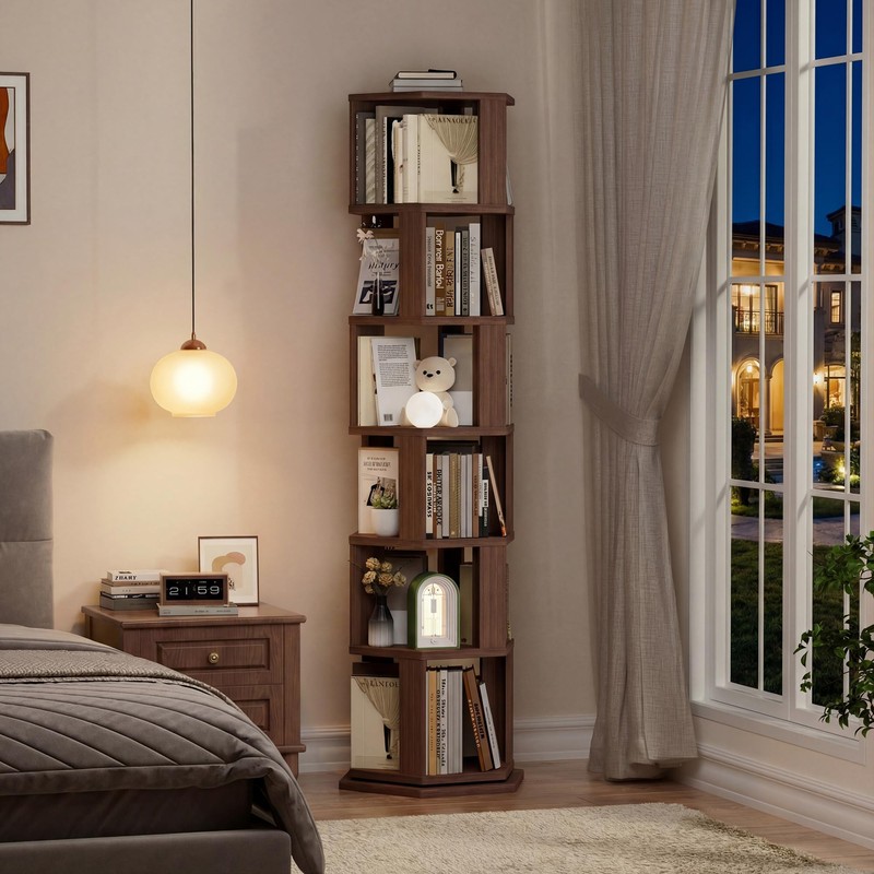 BACEKOLL Rotating Bookshelf Tower, 6 Tier Spinning Book Shelf, Wood