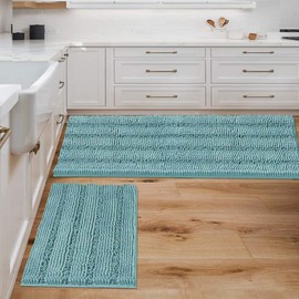 H.VERSAILTEX Bathroom Rugs Bath Mats Sets Super Absorbent Chenille Striped Bath Mats Non Skid Machine Wash Dry Rugs for Bathroom Floor Set of 2(Aqua Haze, 47 x 17 Plus 17 x 24 - Inches)