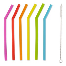 RSVP International Reusable Straw Set Dishwasher Safe, 6 Inch Rainbow with Brush, Silicone Curved