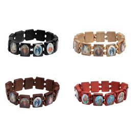 Kysin Chiys 2/4 Pcs Wooden Jesus Virgin Mary Bracelet Saints Rosary Stretch Adjustable Wooden Small Panel Bracelet Religious Saints Jesus Gift for Women Men - 4 pcs