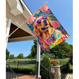 Summer House Flag for Outside 28x40 Inch Double Sided, Hello Sunshine Dog with Tropical Floral Yard Flags for Farmhouse Holiday Decoration
