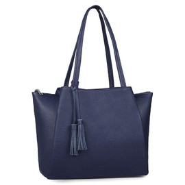 befen Genuine Leather Tote Bag for Women, Woman Multi Pockets Shoulder Bags the Totes Work Purses with Compartments Handbag with Tassels Navy Blue