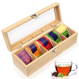 SiGuLiKeJi Wooden Tea Box Organiser, Bamboo Tea Boxes with Compartments 5, Tea Bag Storage Organiser with Clear Window, Tea Caddy for Tea Bags Coffee Spices Home Kitchen Bar, 11.8x3.94x3.54