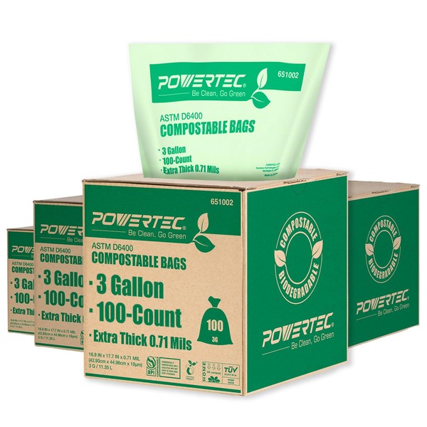 POWERTEC Compostable Bags, 3 Gallon (11.35 Liter), 400 Count, Extra Thick 0.71 Mil Kitchen Scrap Waste Bag, ASTM D6400 US BPI & European OK Compost Home Certified, Biodegradable Yard Waste Trash Bag