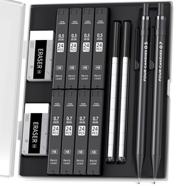 Four Candies Metal Mechanical Pencils 0.5 & 0.7 mm, 2PCS Mechanical Pencils with Dual Spring, 8 Tubes Lead Refills, 2PCS 4B Erasers and 18PCS Eraser Refills, Mechanical Pencil Set for Writing Drawing