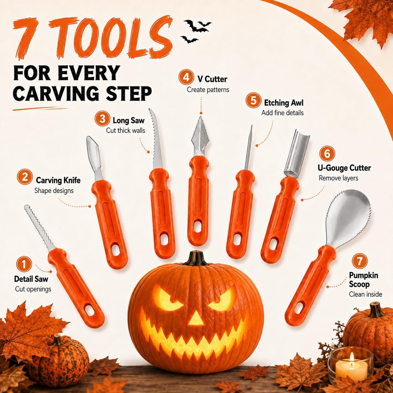 Halloween Pumpkin Carving Kit with 7 Stainless Steel Tools