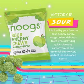 Noogs Sour Energy Chews, Wicked Apple, Electrolyte Energy Gummies, Sour Candy Flavored Alternative to Running Gels, Vegan, Gluten Free & Caffeine Free, 12 Pack