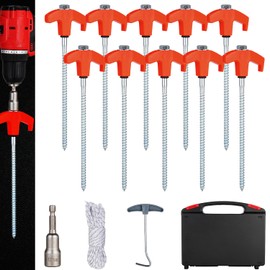 LCGAOYA 10PCS Camping Tent Stakes Heavy Duty,8 Inch Screw in Tent Stakes Heavy Duty,Nightglow Metal Tent Stakes,with Hex Head Driver,Nail lifter,Ropes,Orange