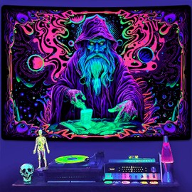 Uspring Blacklight Tapestry Trippy Wizard Tapestry for Bedroom UV Reactive Tapestries Magic Eyes Tapestry Neon Starry Wall Tapestry Hanging for Home Dorm Decor (51.2 x 59.1inches)