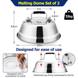 Onader Cheese Melting Dome, 2Pcs Stainless Steel Basting Burger Covers with Heat-Proof Handle, Ideal for Indoor & Outdoor BBQ, Griddle, Camping and Cooking, Dishwasher Safe - 23x8.5cm