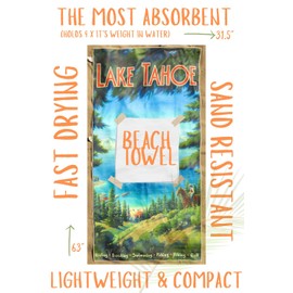 Monsoon Bay Lake Tahoe Microfiber Beach Towel – Quick Dry, Sand Free & Lightweight – Large Beach Towel with Hidden Pocket – Fast Drying Beach Blanket for Travel, Pool, Outdoors – Retro California Art