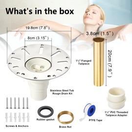 PVC Freestanding Bathtub Drain, Bathtub Drain Rough-in Kit, with PVC Plastic Adapter and Brass Tail Pipes, Suitable for Freestanding Bathtub, Island Bathtub, and Floor Standing Bathtub