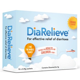 DiaRelieve - Effective Diarrhoea Relief For Adults And Children 1 Year Plus. Gluten Free. Dairy Free. Orange Flavour. 10 x 3.25g Sachets