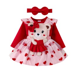 M9ppzzur7 Toddler Baby Girl 3Pcs Outfits Set Cute Romper + Suspender Skirt With Headband Clothes (Red, 6-9 Months)