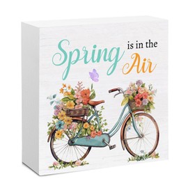 Hiagkmet Spring Wooden Sign, Farmhouse Spring Is in the Air Bicycle Wood Sign Home Living Room Table Desk Decor 5 x 5 Inches