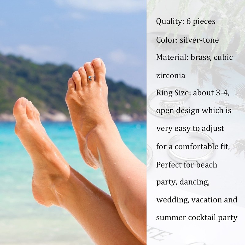 FIBO STEEL 6Pcs Toe Rings Adjustable Open Toe Rings for