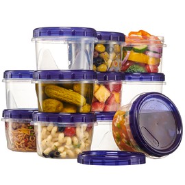 PLASTICPRO - Paquete de 12 recipientes de almacenamiento de alimentos con tapa azul atornillada, recipientes reutilizables de 16 onzas, aptos para congelador y microondas, almacenamiento de alimentos
