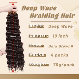 Eerya Long Curly Braiding Hair 18 Inch 4 Packs Dark Brown Ocean Wave Crochet Hair for Black Women Deep Wave Braiding Hair for Boho Braids（18 inch, #4）
