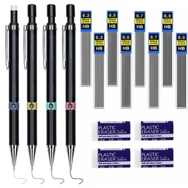 Set of 4 Mechanical Pencil 0.3/0.5/0.7/0.9 mm Lead Pencil, 8 Tubes (96 Pieces) HB Pencil Leads Interchangeable Refills and 4 Pieces Erasers for Students, Writing, Drawing (16 Pieces)