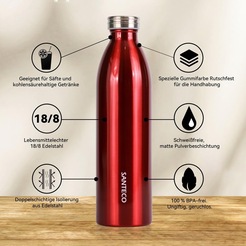 SANTECO Stainless Steel Drinking Bottle 1 L, 100% Leak-Proof Thermos