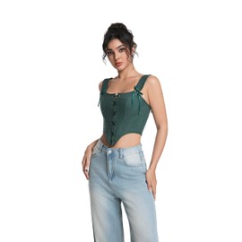 Grodress Renaissance Corset Vest Tops for Women Dark Green Linen Overbust Bustier Bodice Summer Sleeveless Drawstring Crop