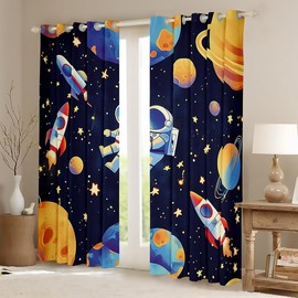 Homemissing Cosmonaut Spaceman Curtains (2 Panels,W46*L54) For Bedroom Kids Boys Teens Space Rocket Print Window Curtains Universe Planets 30%-50% Blackout Curtains Outer Space Window Treatments Decor