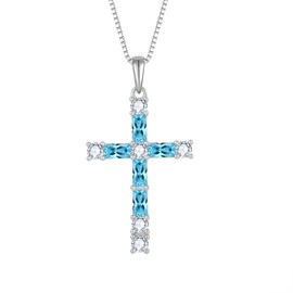 Lwsary March Birthstone Cross Necklace 925 Sterling Silver Aquamarine Necklace Crucifix Christian Religious Pendant Rectangular Square Cut Cubic Zirconia Jewelry for Women