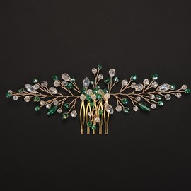 BERYUAN Wedding Emered Green Crystal Rhinestone Beads Hair Comb Gold Green Rhinestone Headpiece Gold Wedding Hair Accessories Rhinestone Handmade Headband for Wedding Women