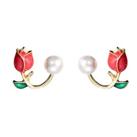Flower Pearl Stud Earrings Pearl Pink Flower Stud Earrings Hypoallergenic Lightweight Earrings Fashion Pearl Ear Hook Ear Cuff Jacket Front Back Earring for Woman (Red)