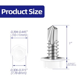 Etauwe #12 x 1 Hex Washer Head Self Tapping Screws, TEK Screws, Self Drilling, Stainless Steel 410 Sheet Metal Screws, White Head, 50 PCS