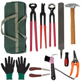 Gtouse 12Pcs Farrier Tools Kit Hoof Trimming Tools with Tool Bag, Hoof Nippers, Horseshoe Cutting Pliers, Goat Hoof Trimmers Shear, Hoof Rasp File, Horseshoe Brush, Hoof Knife, Hoof Hammer, Gloves