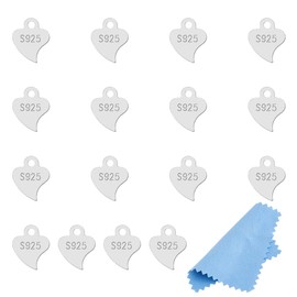 Hobbspring Pack of 16 925 Heart Pendants Made of Sterling Silver Heart Pendant Metal Embossing Heart Blanks Flat Heart Pendant Chain End with 1 Piece Polishing Cloth, Sterling Silver