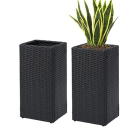 SUNNYPARK 2 Pack Tall Planters for Outdoor Plants Rattan Modern Tall Square Planter Box with Removable Liners Indoor Outdoor Porch Patio Flower Pot (12’’ x 12’’ x 24’’)