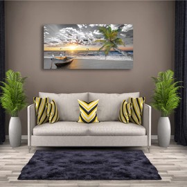 Canvas Wall Art Black and White Beach Palms Prints Paintings for Home Wall Decor Boat and Sunset Seascape Pictures Canvas Art for Living Room Bedroom Office Wall Decor Natural Scenery Artwork