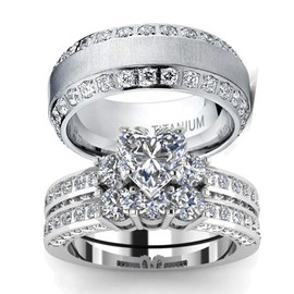 LOVERSRING - Juego de 3 anillos para parejas para él y ella, para mujer, chapado en oro blanco, corazón de circonia cúbica para hombre, juego de anillos de boda de titanio, Piedra Cristal, Ágata