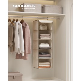 SONGMICS Hanging Closet Organizer, Hanging Storage Shelves, Hanging Closet Shelves, Space-Saving and Foldable, Metal Hooks and Bamboo Inserts, Sand Beige URCH005Y01
