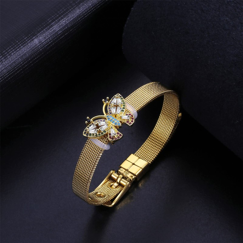 Flongo Mesh Bracelet Women's Bracelet with Zircon Butterfly Adjustable Width