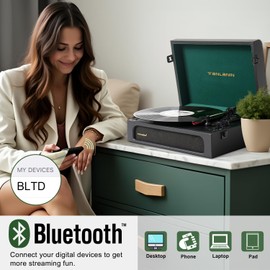 Vinyl Record Player with Built-in Speakers Bass/Treble Gain Vintage Portable Bluetooth Turntable Record Player Black & Green (Litchi Pattern)