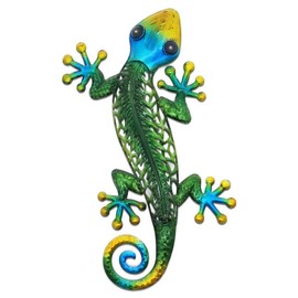 POXOHO 14“ Metal Handmade Leaves Lizard Wall Hanging Decor Wall art Green Gecko Outdoor Sculpture Indoor Porch Decoration, Garden , Courtyard, Living Room Decor
