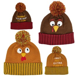 AMSHINE 2 PCS Thanksgiving Day Turkey Pom Pom Beanie Hats, Turkey Trots Gear Party Dress Up Costume, Carnival Cosplay, Thanksgiving Party Favor Gift Supplies & Accessories
