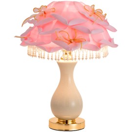 ZYLEISENBAO Pink Rose Flower Lamp Nordic Table Lamp Romantic Ceramic Nightstand Light Princess Bedside Lamp for Girl Valentines Mother's Day Wedding Party Deco Bedroom Living Room Entry