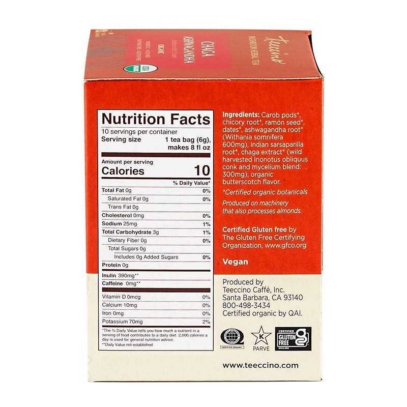 Teeccino Chaga Ashwagandha Tea - Butterscotch Cream - Organic Mushroom