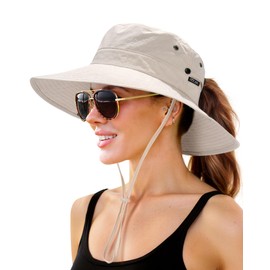 FURTALK Sun Hats for Women with Ponytail Hole Womens Wide Brim Beach Bucket Hats UPF 50+ Fishing Hiking Outdoor Hats Beige