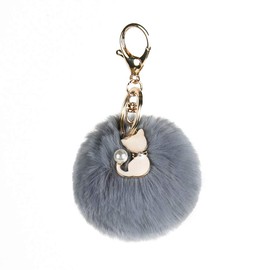 Kinglighten Pom Pom Keychain Artificial Fur Ball Keychain Fluffy Accessories Car Bag Charm (cat dark grey)