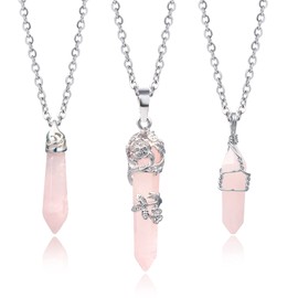 BOUTIQUELOVIN 3 Pieces Rose Quartz Healing Crystal Neckalces Set | Flower Wrapped Hexagonal Stone Necklaces for Women