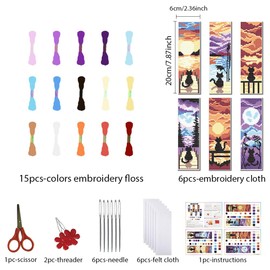 FREEBLOSS Set of 6 Cross Stitch Bookmarks Stamped Cross Stitch Set with Landscape and Cat Patterns Embroidery Set with Instructions DIY Bookmark Set as a Gift for Adults 8 x 2.4 Inches