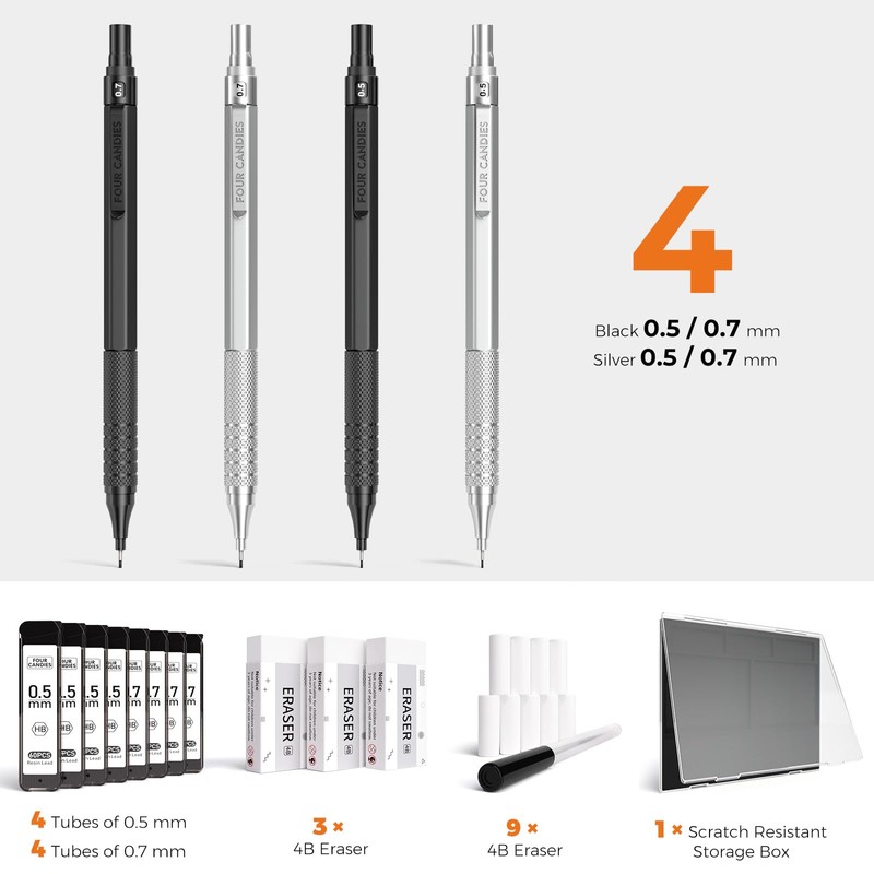 Four Candies 4PCS Metal Mechanical Pencils Set with Case, 0.5mm