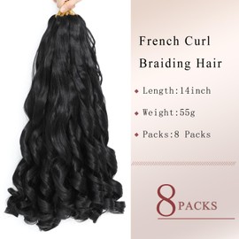BLUONASI French Curl Braiding Hair Extensions 14 Inch Loose Wave 8 Pieces Pre Stretched Braiding Hair Extensions French Curl Synthetic Hair Extensions (1B#, 14 Inch (8 Pack)
