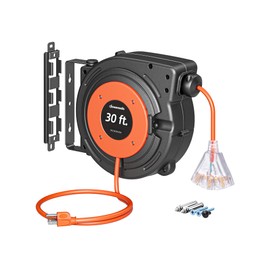 DEWENWILS 30FT Retractable Extension Cord Reel, 16/3C SJTW Heavy Duty Power Cord, Lighted Triple Outlets, 10A Circuit Breaker, Lightweight 180° Swivel Bracket, Ceiling/Wall Mount, ETL Listed, Orange