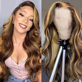 Mrigwoth 13x6 HD Lace Front Wigs Human Hair Ombre P4/27 Colored Honey Blonde Frontal Wigs Pre Plucked with Baby Hair 160% Density Ombre Body Wave Human Hair Lace Frontal Wig for Women 32 Inch